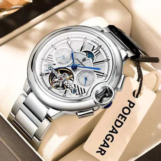 Automatic Skeleton Watch – Tourbillon Style with Moon Phase & Full Calendar