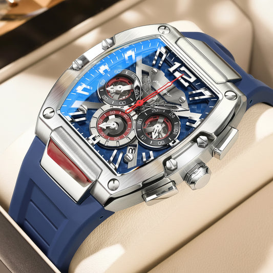 Bold Tonneau Timepiece – Luminous Chronograph with Premium Silicone Strap