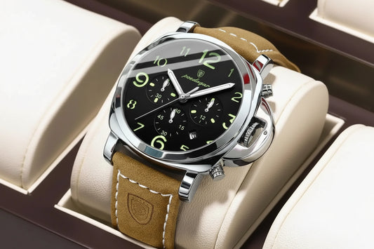 Military Style Chronograph Watch – Luminous Leather Strap with Date