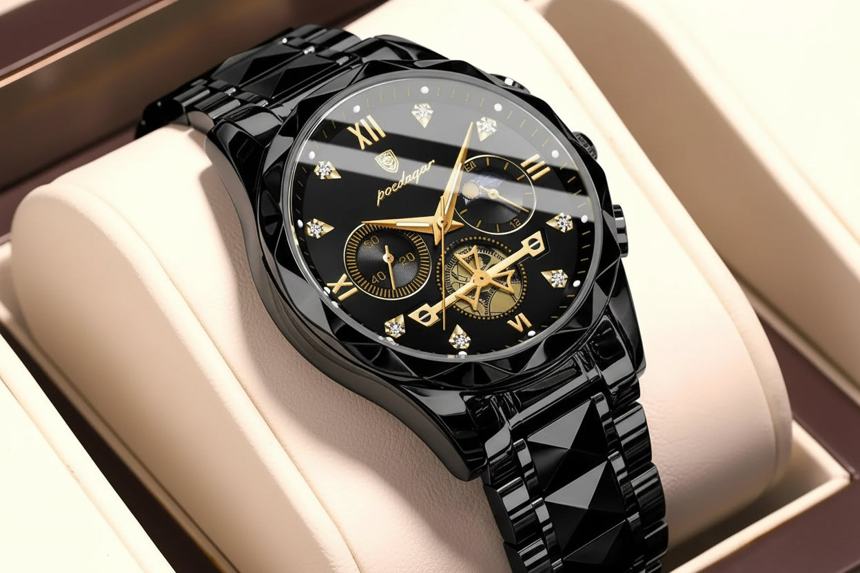 Round Chronograph Watch – Roman Numeral Dial with Hidden Clasp Bracelet