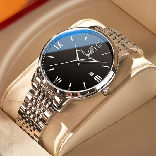 Roman Numeral Full Calendar Watch – Stainless Steel Bracelet with Stopwatch & Safety Clasp