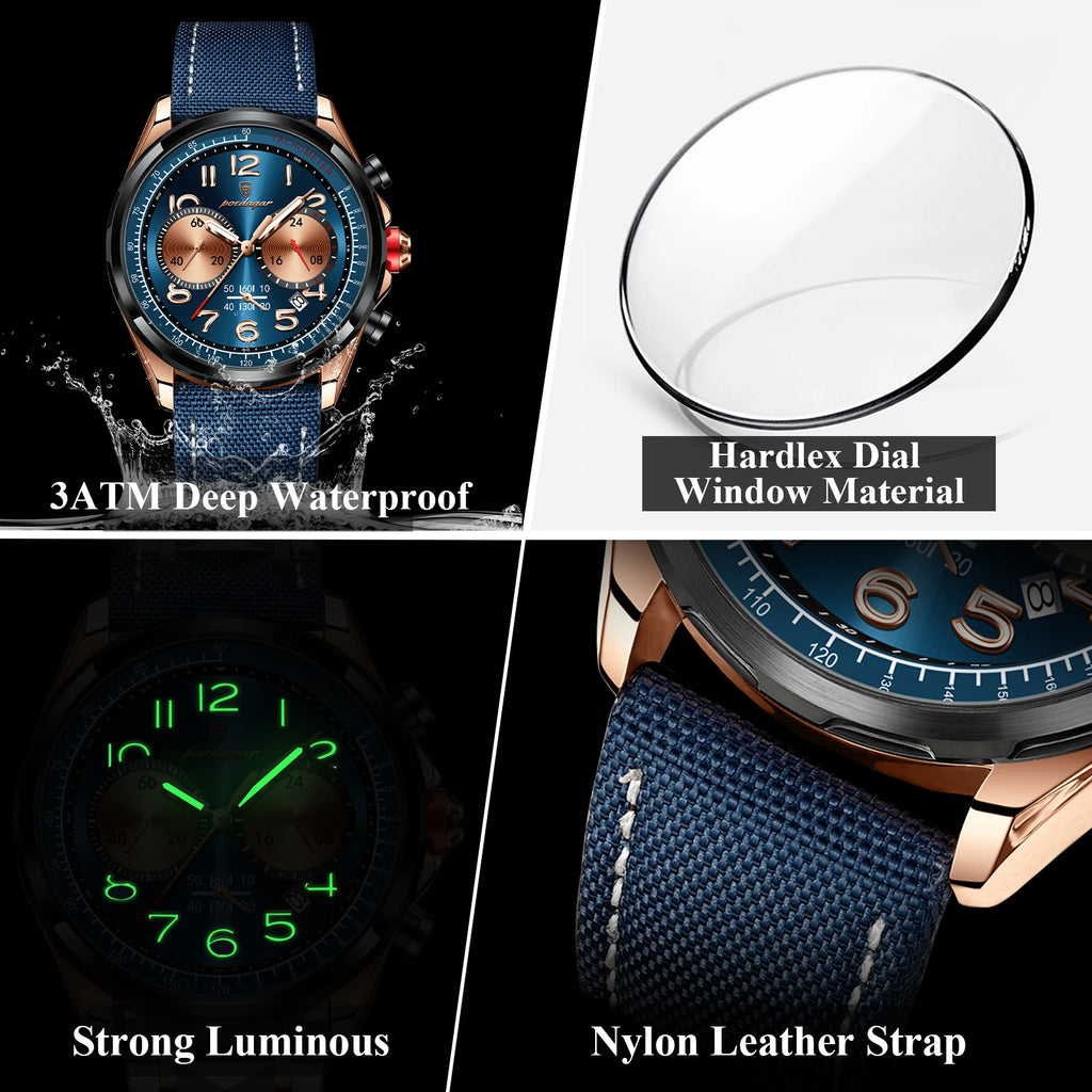 Chronograph Watch with Nylon Strap – Complete Calendar & Luminous Arabic Dial