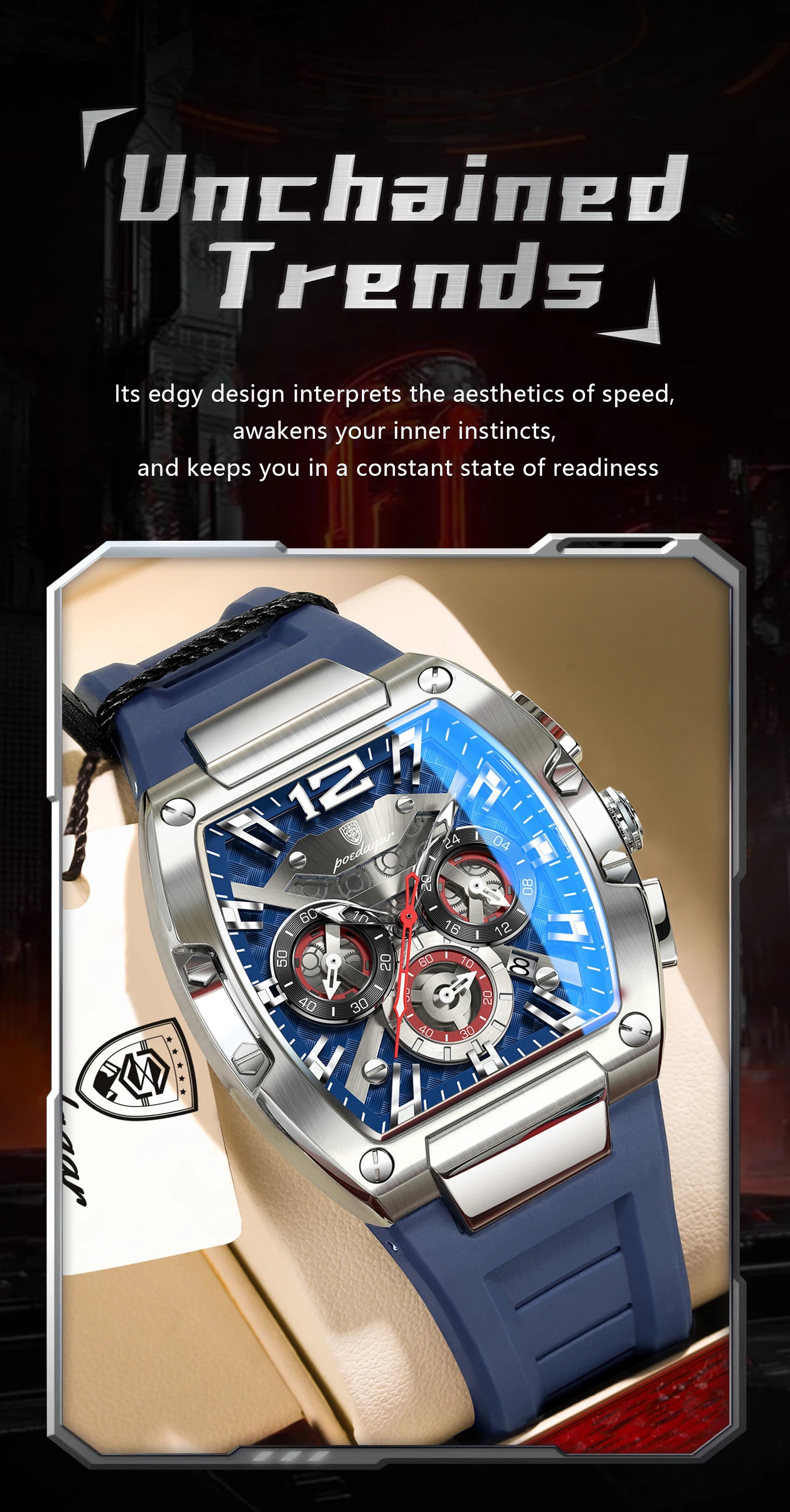 Bold Tonneau Timepiece – Luminous Chronograph with Premium Silicone Strap