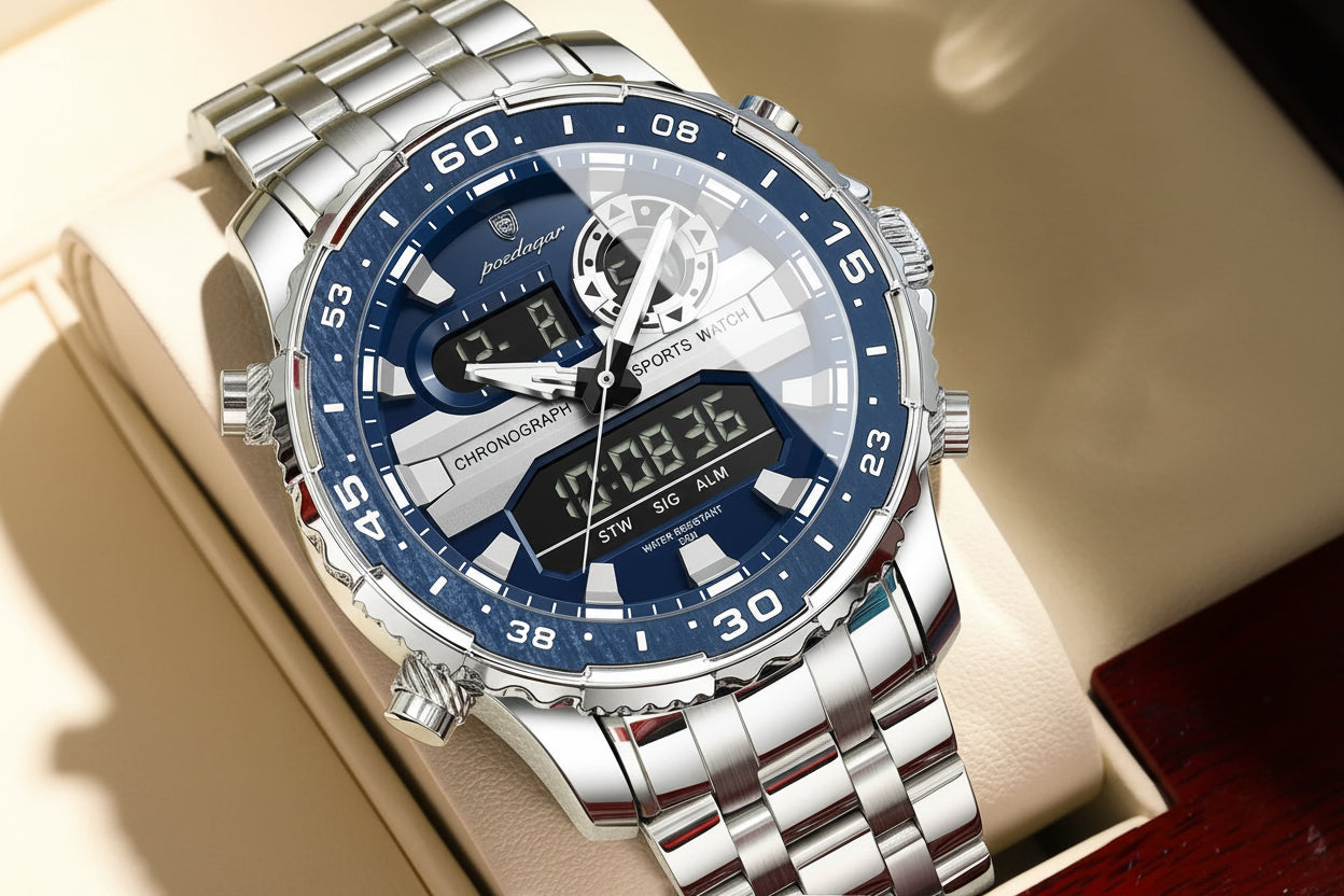 Square Chronograph Watch – Large Numberless Dial with Hidden Clasp Bracelet
