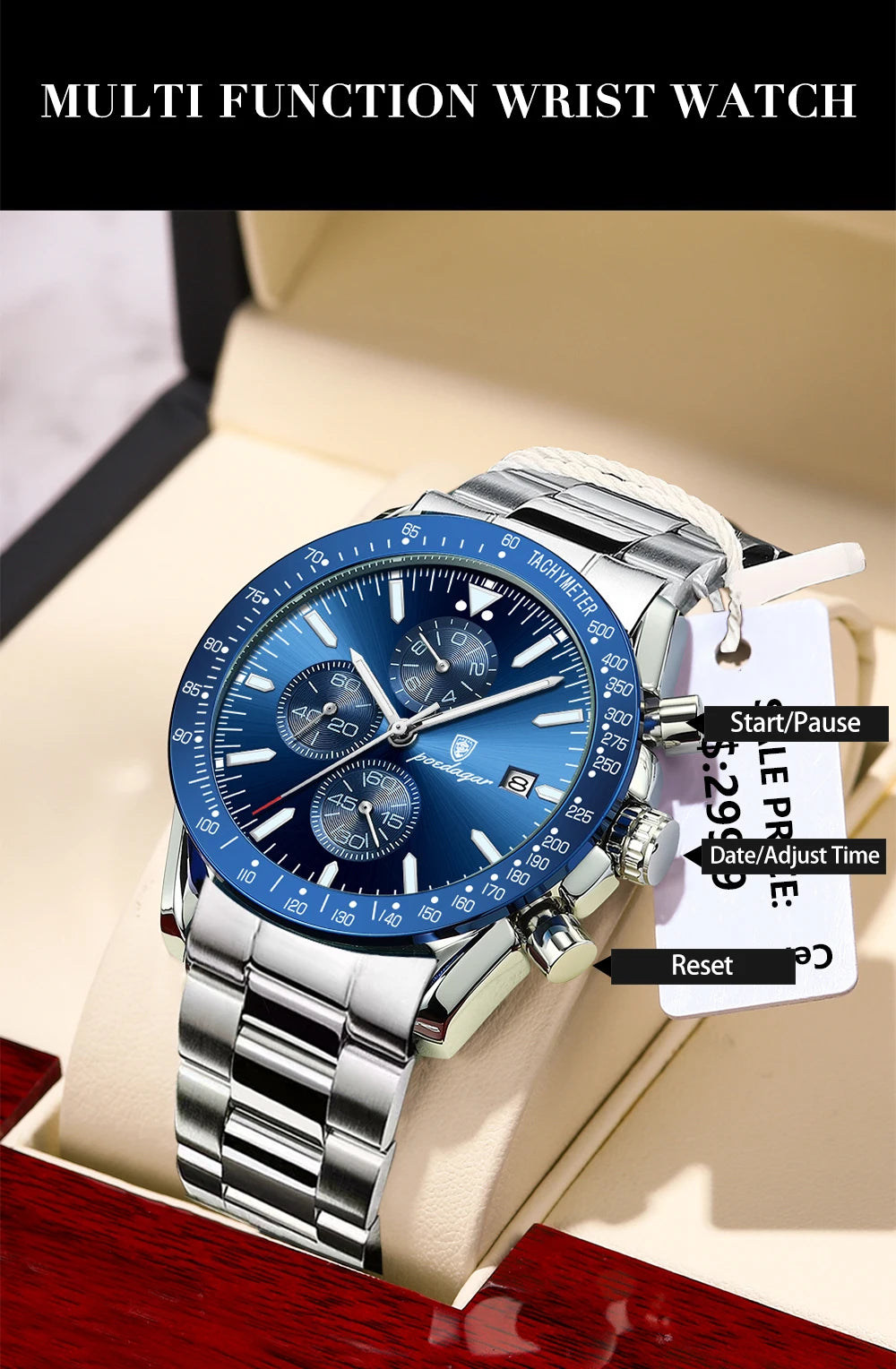 Dress Chronograph Watch – Luminous Dial with Safety Clasp Bracelet