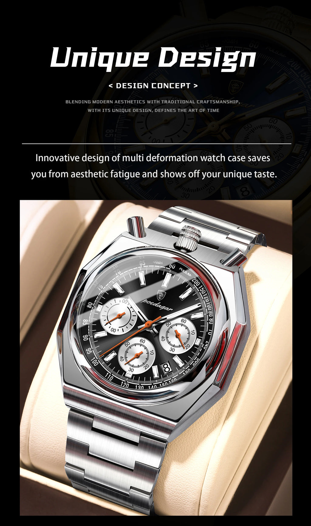 Irregular Chronograph Watch – Bold Numberless Dial with Hidden Clasp Bracelet
