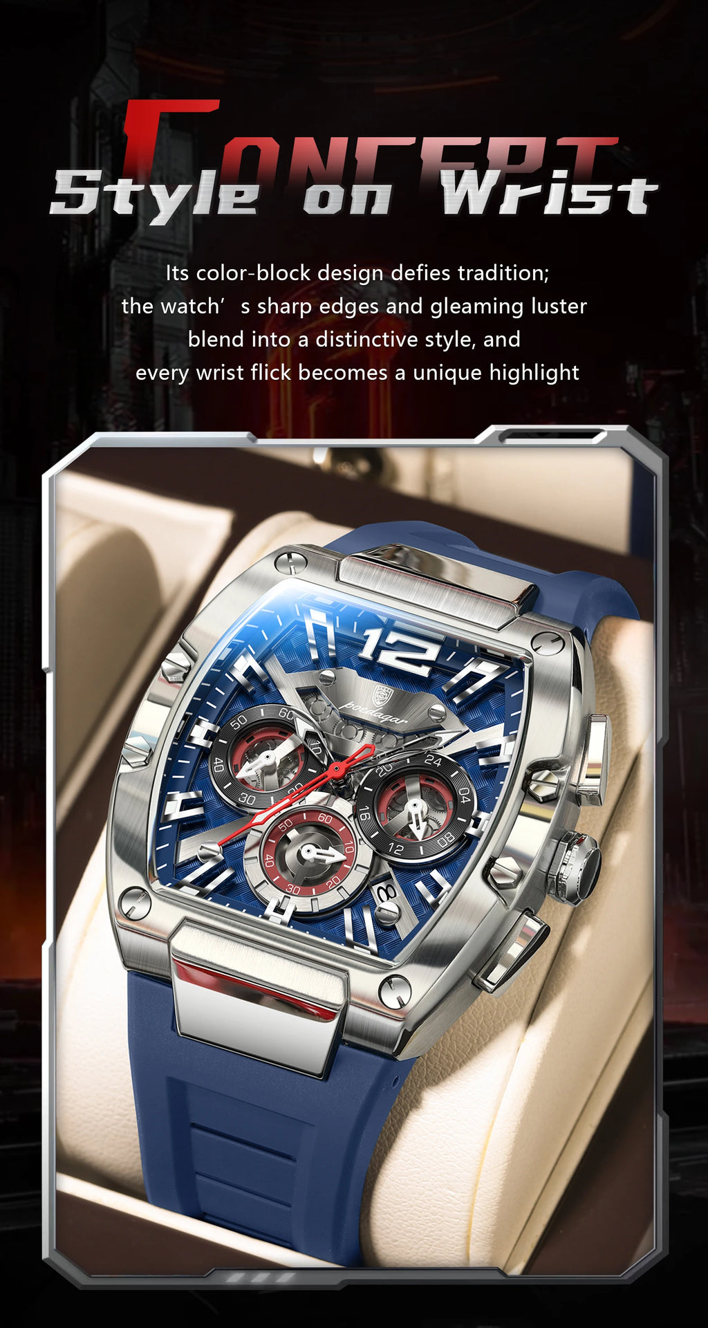 Tonneau Chronograph Watch – Luminous Arabic Dial with Silicone Strap