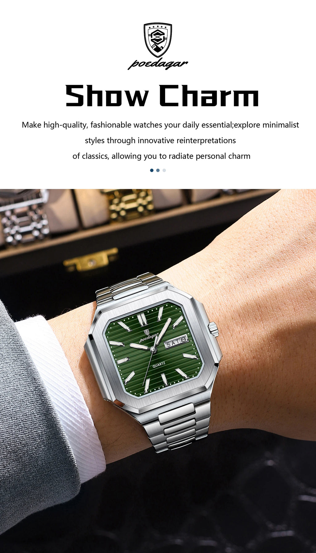 Square Stainless Steel Watch – Luminous Numberless Dial with Hidden Clasp