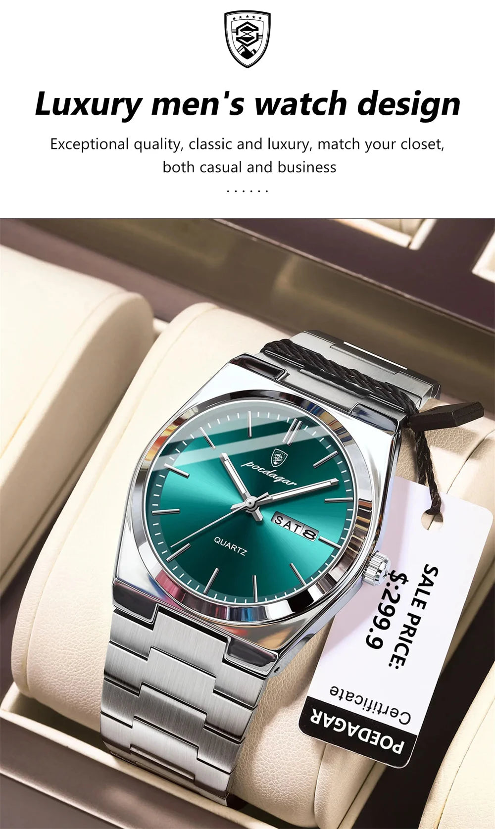 Minimalist Sport Watch – Full Calendar, Luminous Markers & Metal Strap
