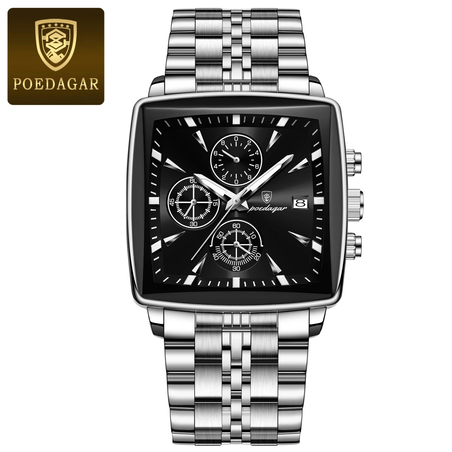 Square Chronograph Watch – Bold Numberless Dial with Hidden Clasp Bracelet