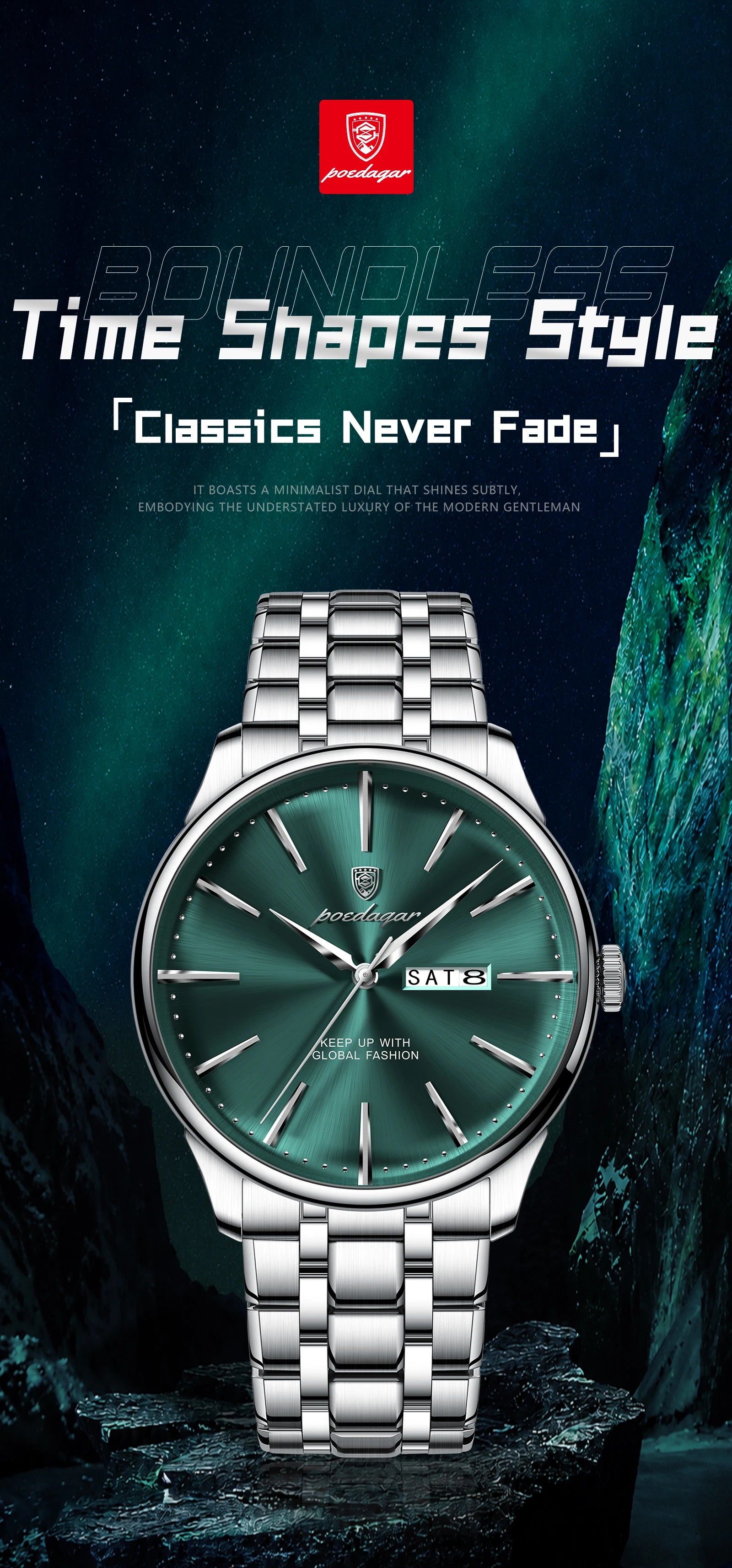 Full Calendar Stainless Steel Watch – Date & Week Display with Hidden Clasp