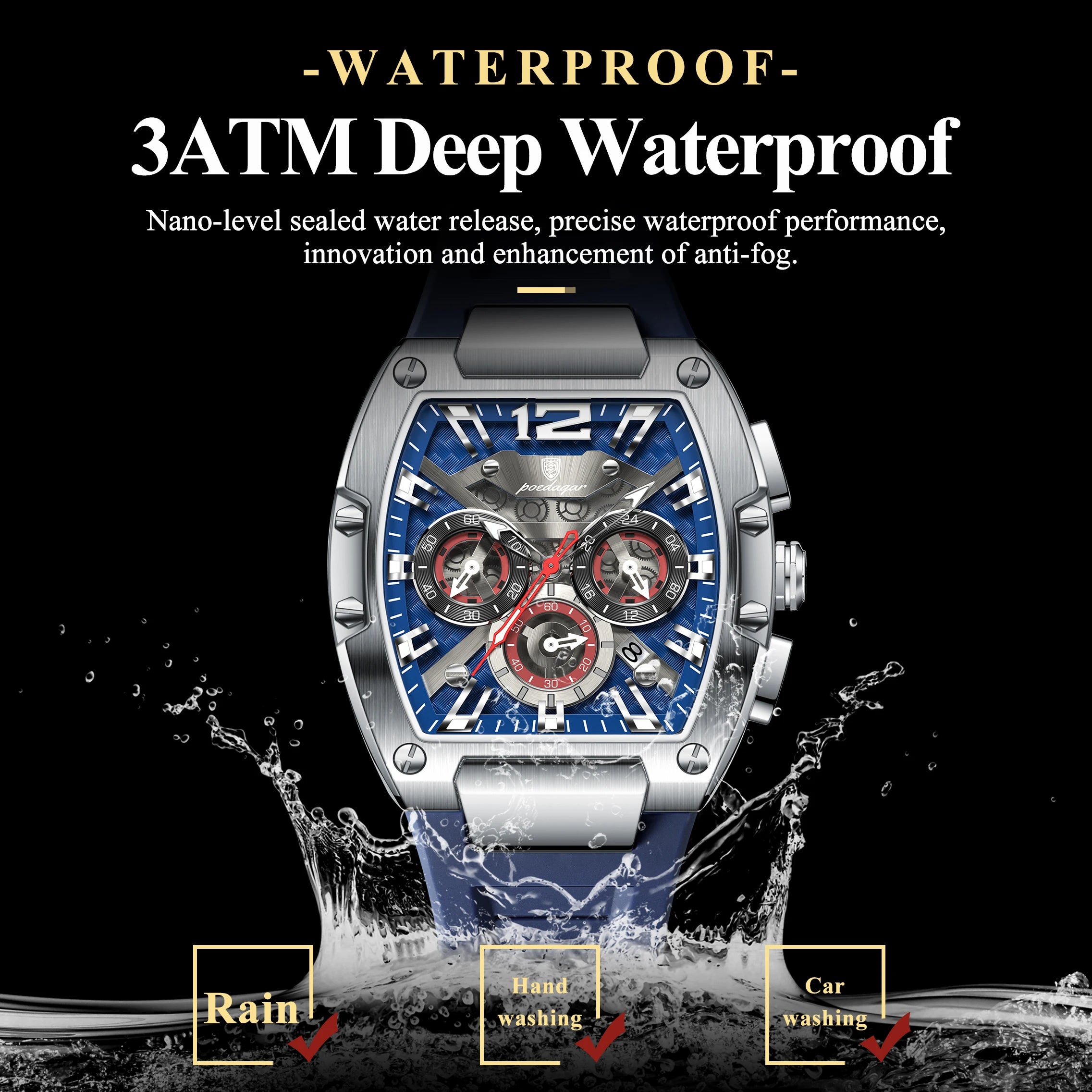 Bold Tonneau Timepiece – Luminous Chronograph with Premium Silicone Strap