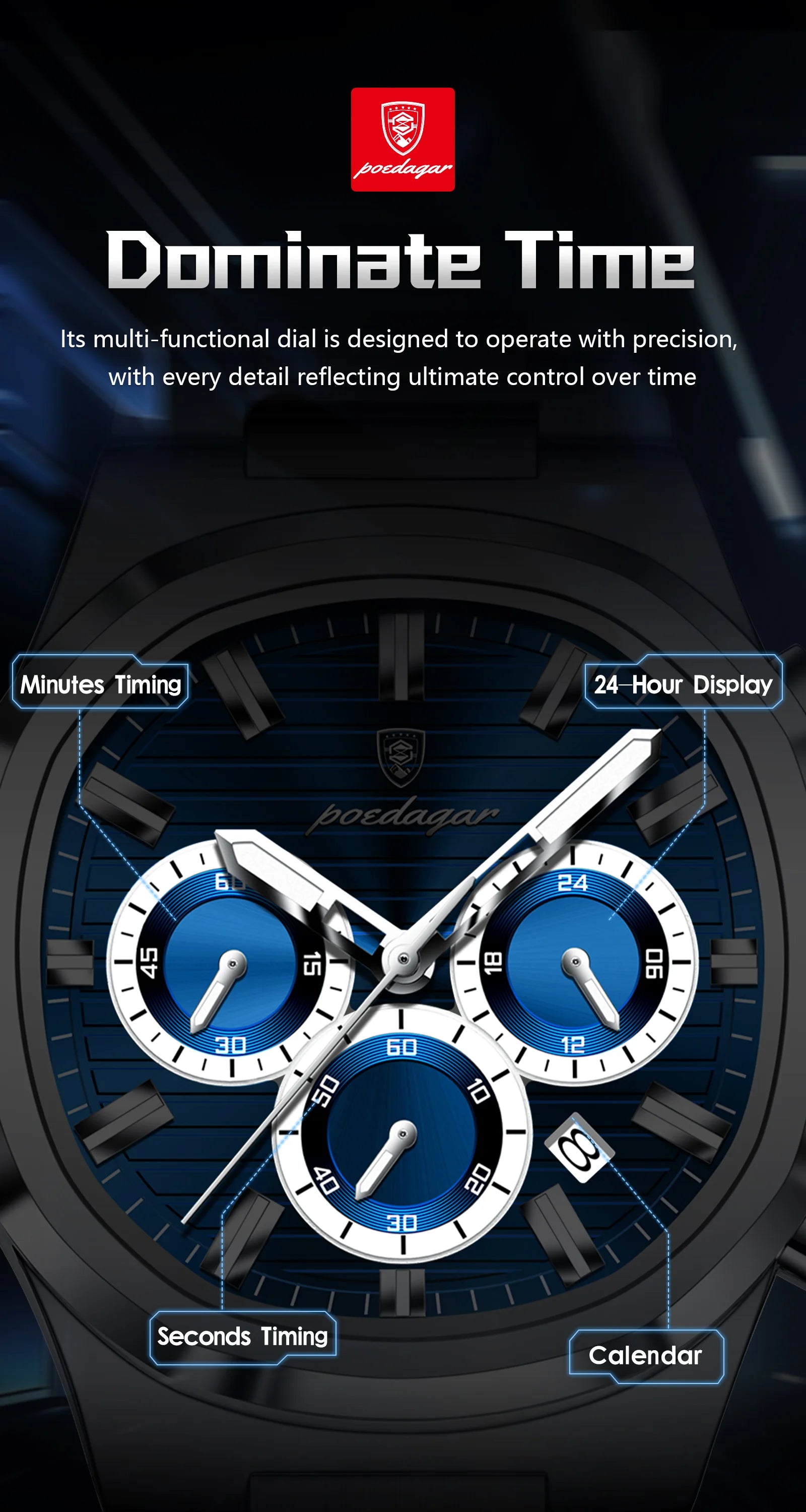 Square Chronograph Watch – Luxe Leather Strap with Luminous Dial & Date