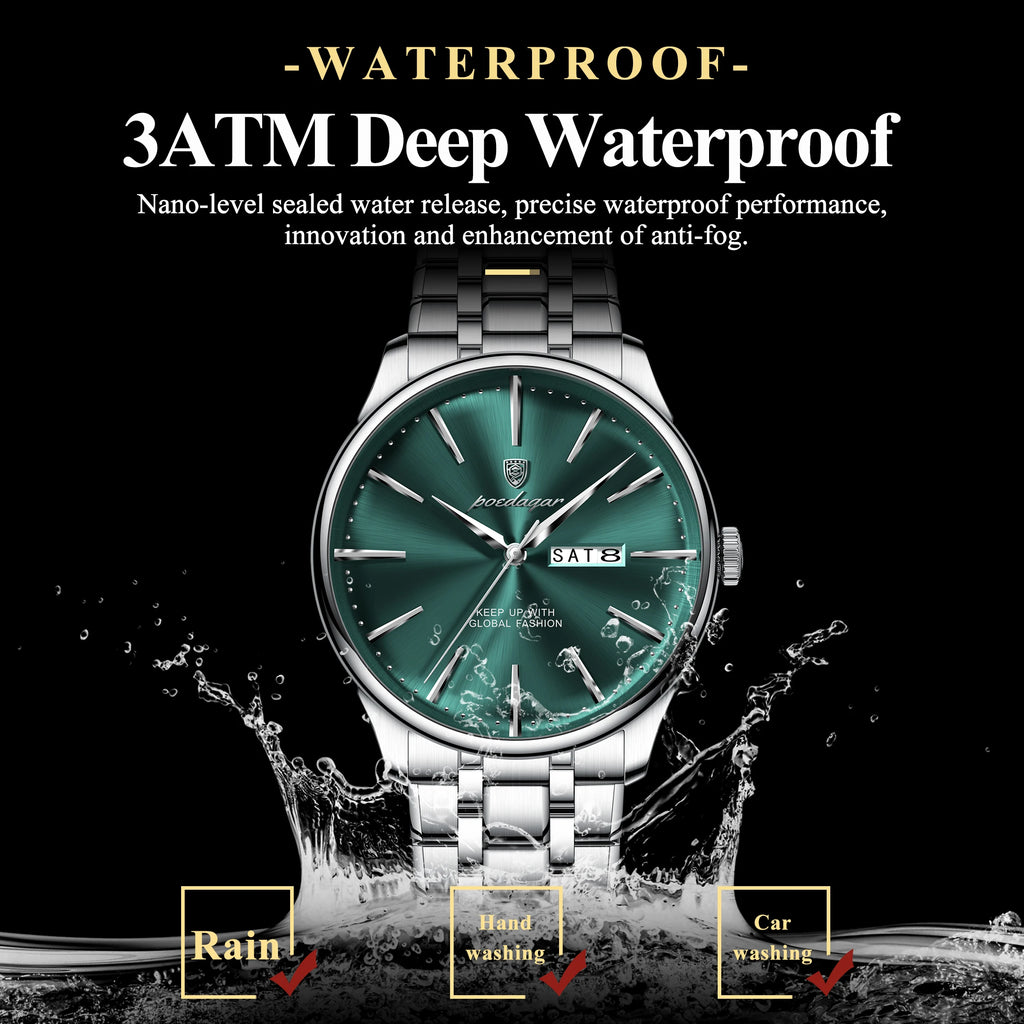 Full Calendar Stainless Steel Watch – Date & Week Display with Hidden Clasp