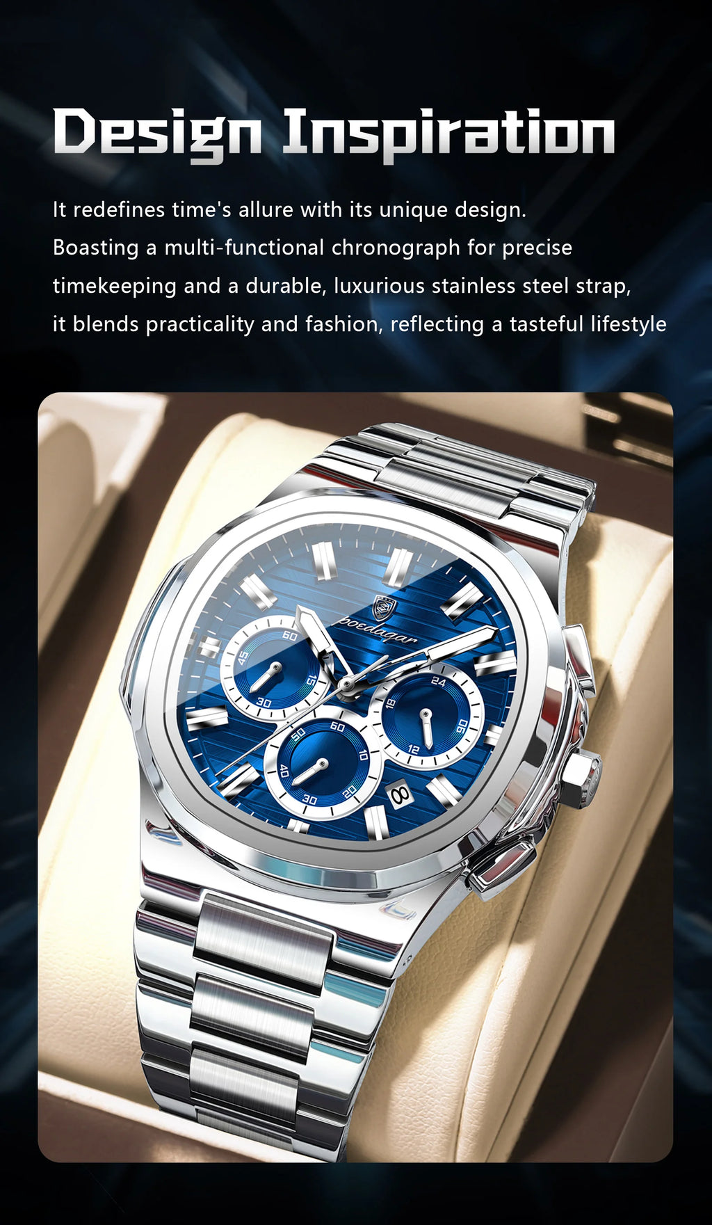 Square Chronograph Watch – Luxe Leather Strap with Luminous Dial & Date