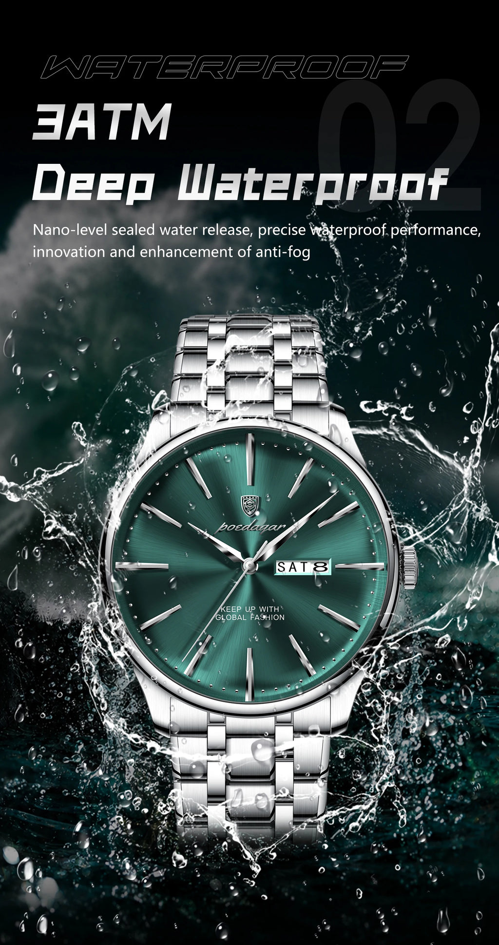 Full Calendar Stainless Steel Watch – Date & Week Display with Hidden Clasp