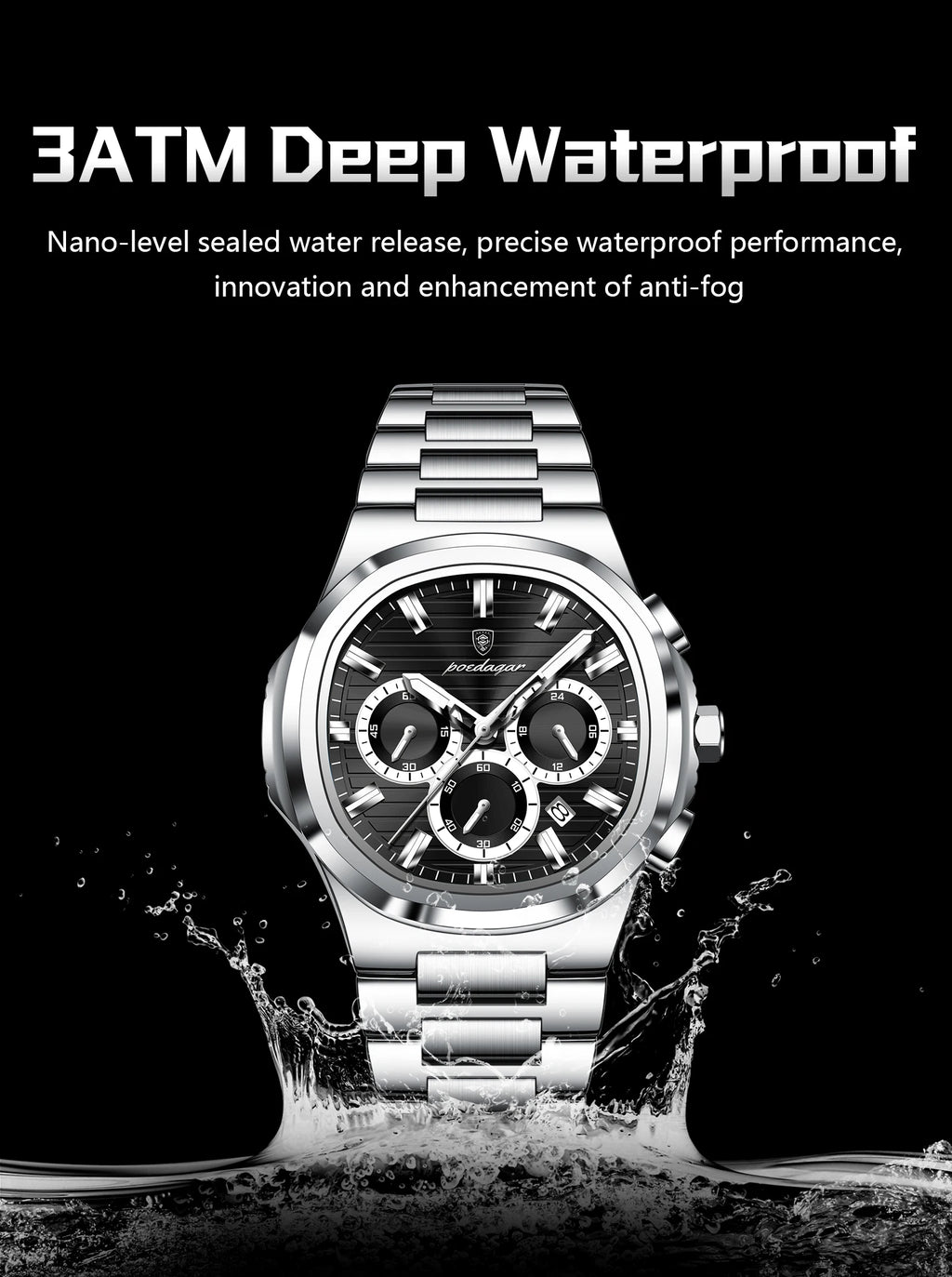 Square Chronograph Watch – Large Numberless Dial with Hidden Clasp Bracelet