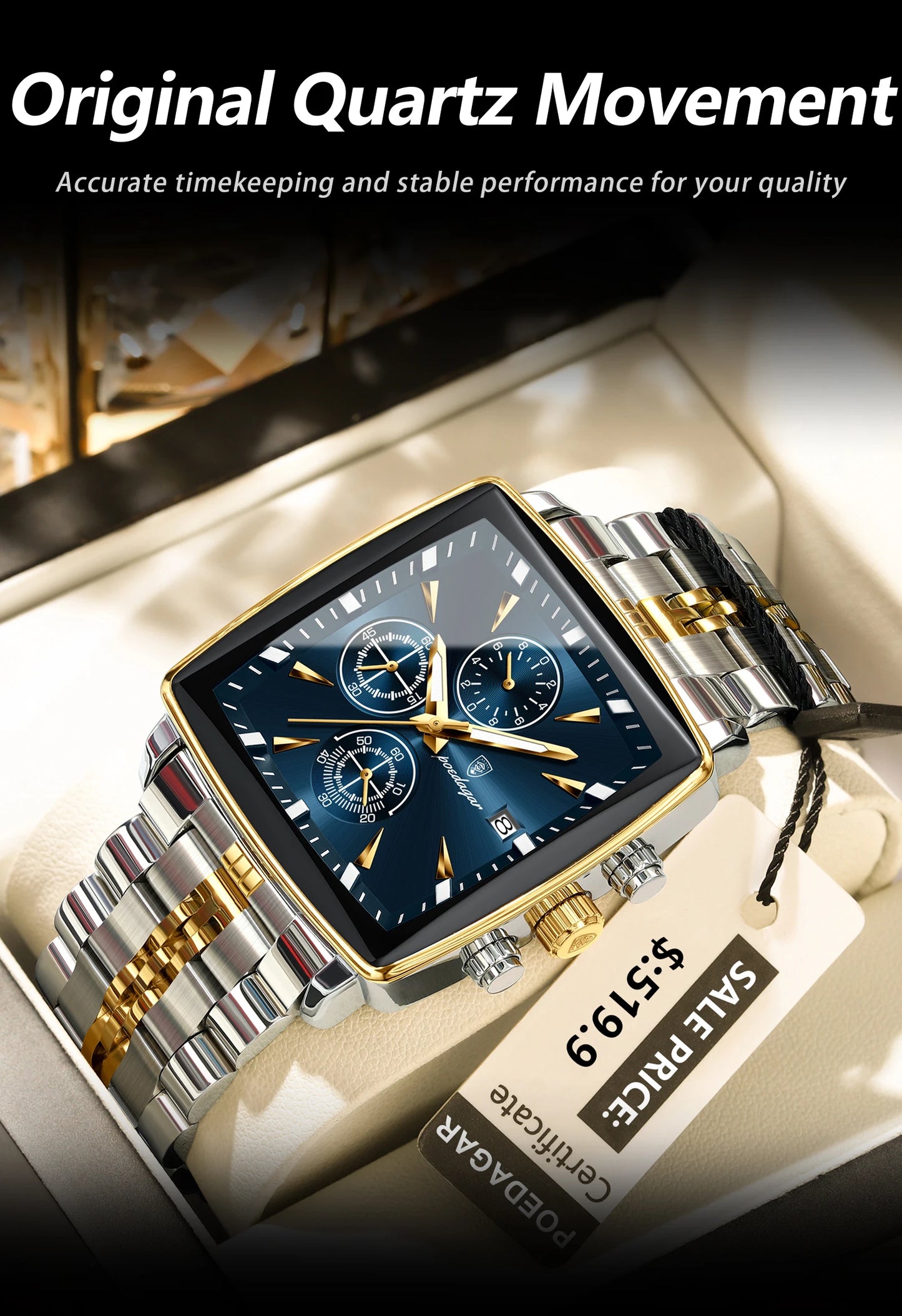 Square Chronograph Watch – Bold Numberless Dial with Hidden Clasp Bracelet