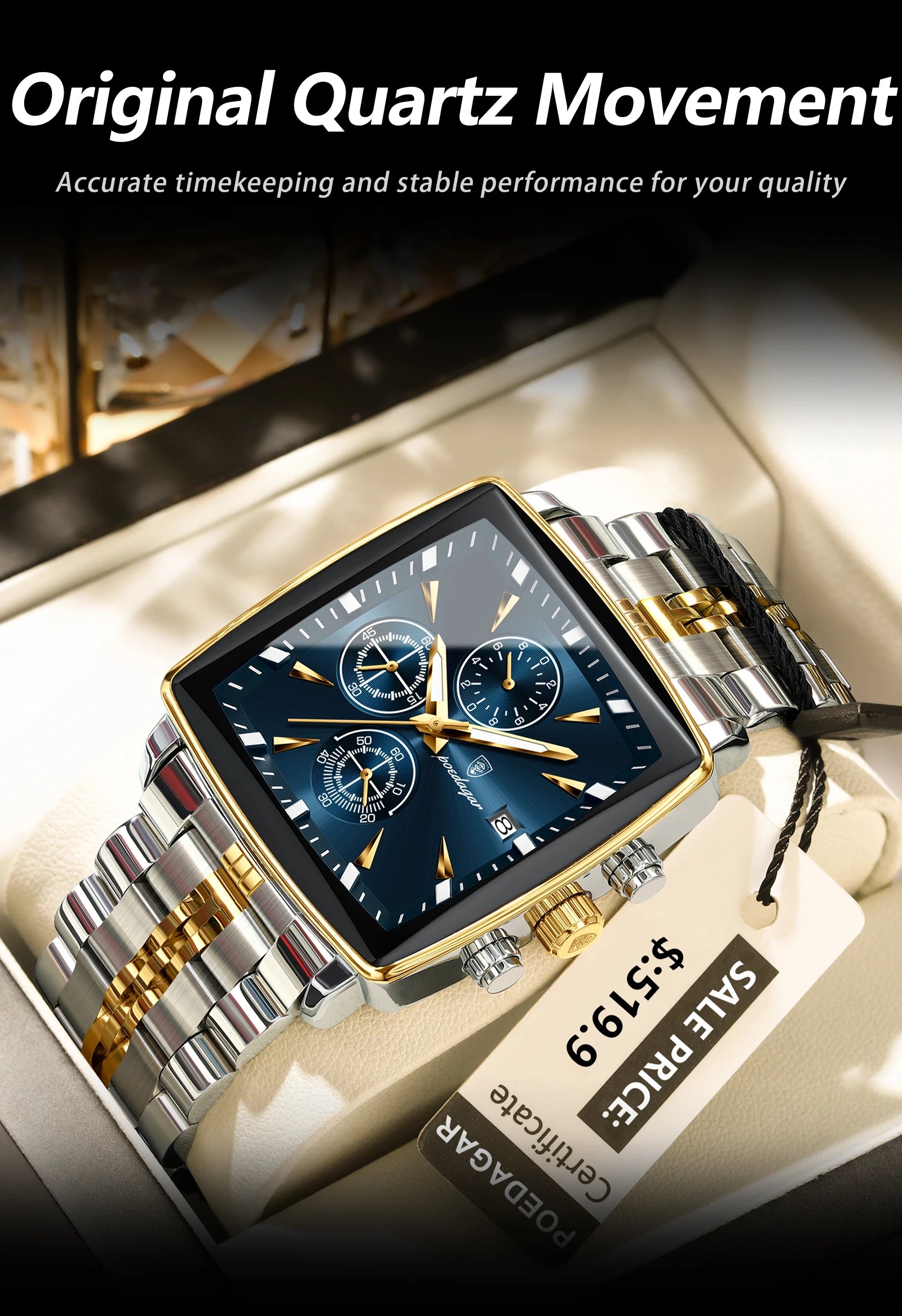 Square Chronograph Watch – Numberless Dial with Hidden Clasp Bracelet
