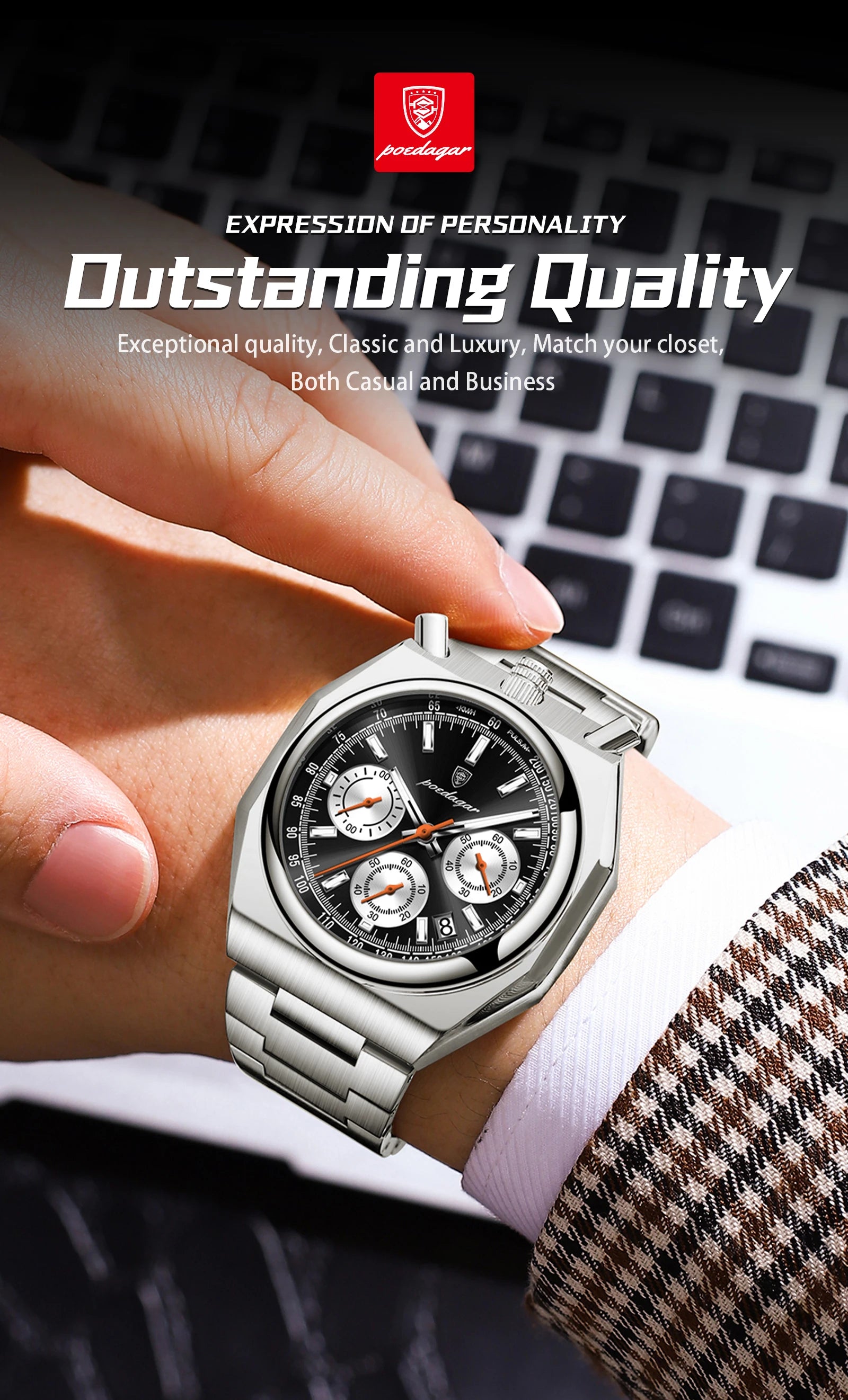 Irregular Chronograph Watch – Bold Numberless Dial with Hidden Clasp Bracelet