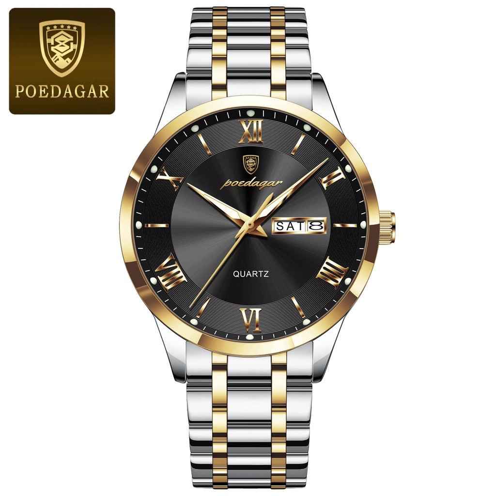 Roman Numeral Full Calendar Watch – Luminous Dial with Hidden Clasp Bracelet