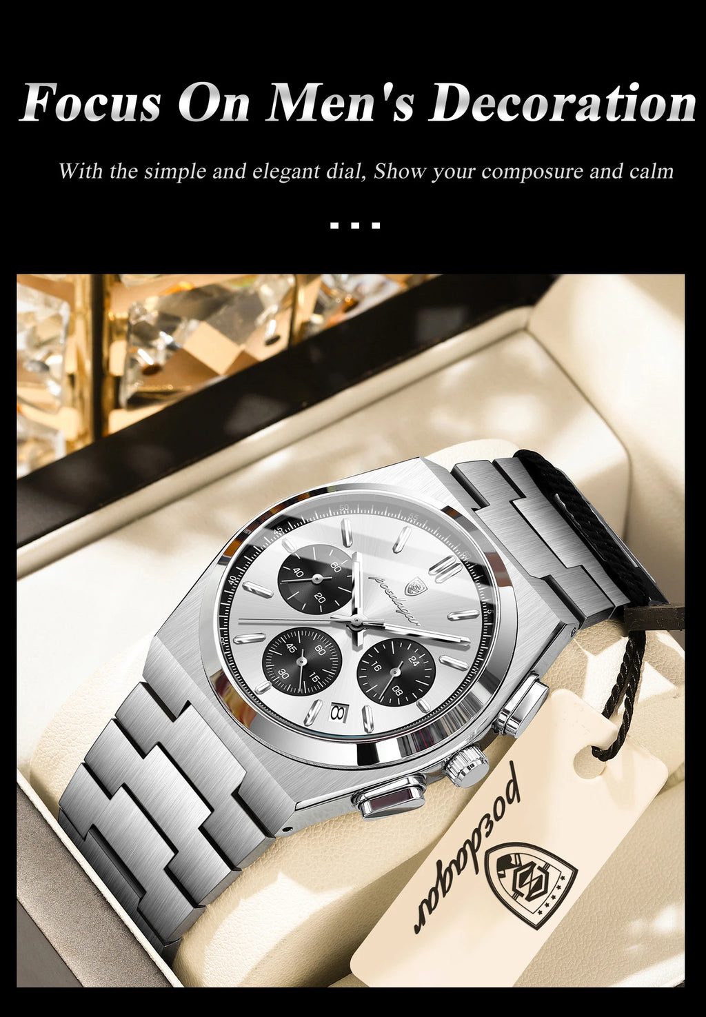 Chronograph Watch – Luminous Numberless Dial with Hidden Clasp