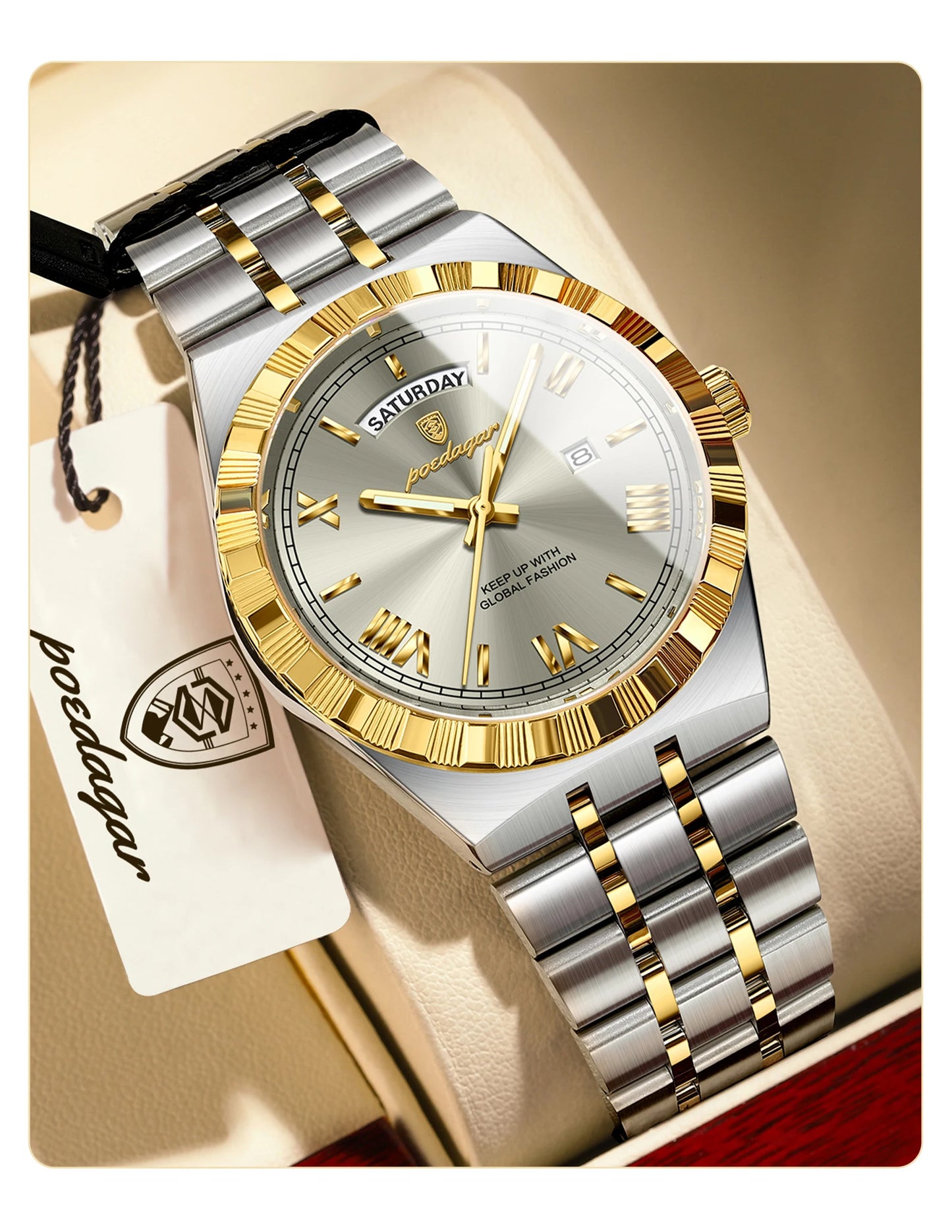 Luxury Business Chronograph – Day, Date, Luminous Dial, Steel Bracelet