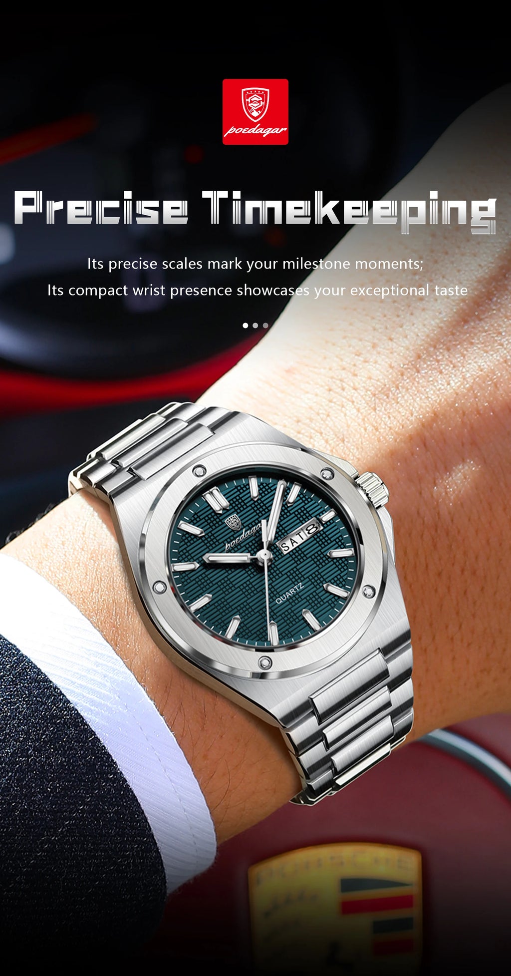 Full Calendar Business Watch – Luminous Stainless Steel with Hidden Clasp Bracelet