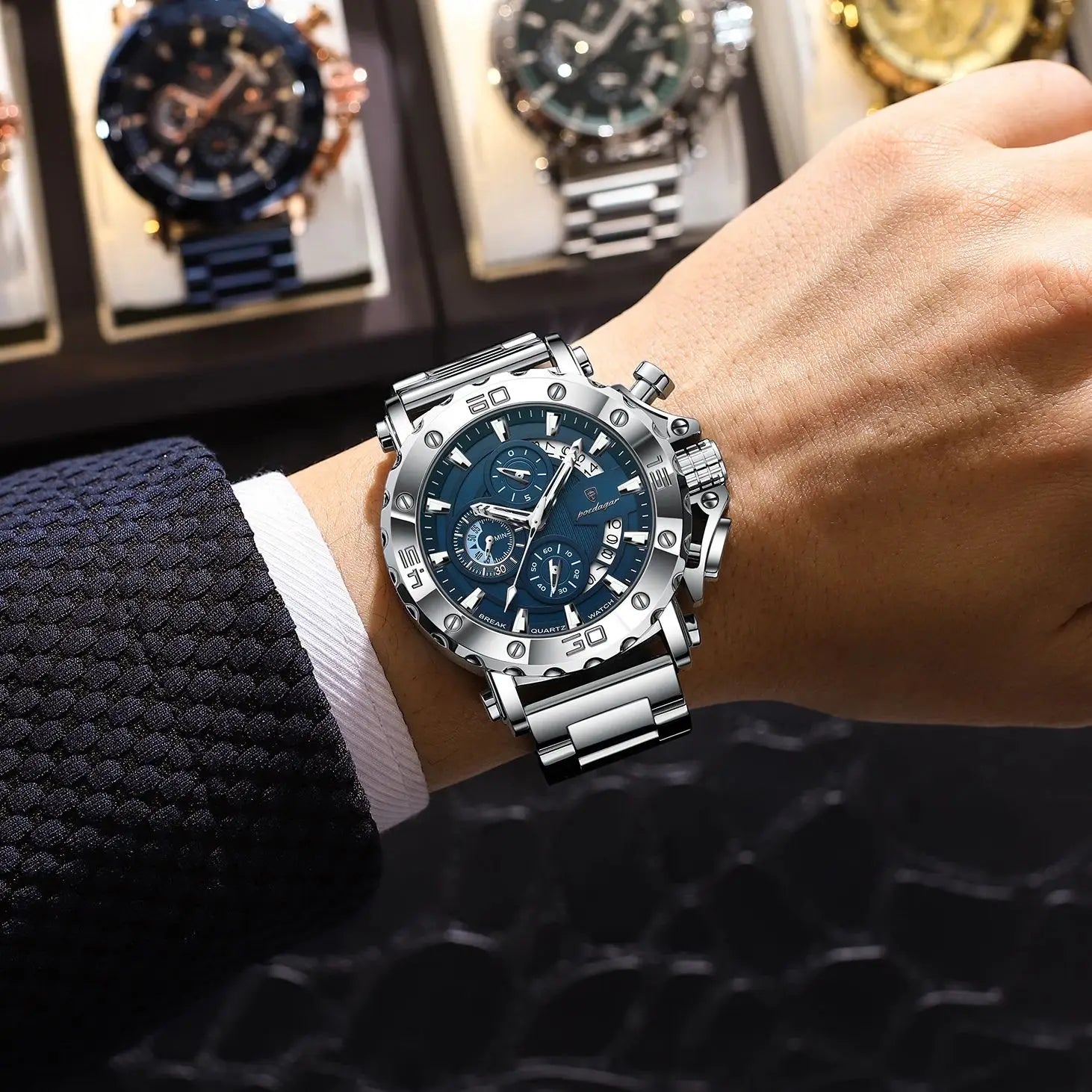 Large Chronograph Watch – Luminous Numberless Dial with Hidden Clasp