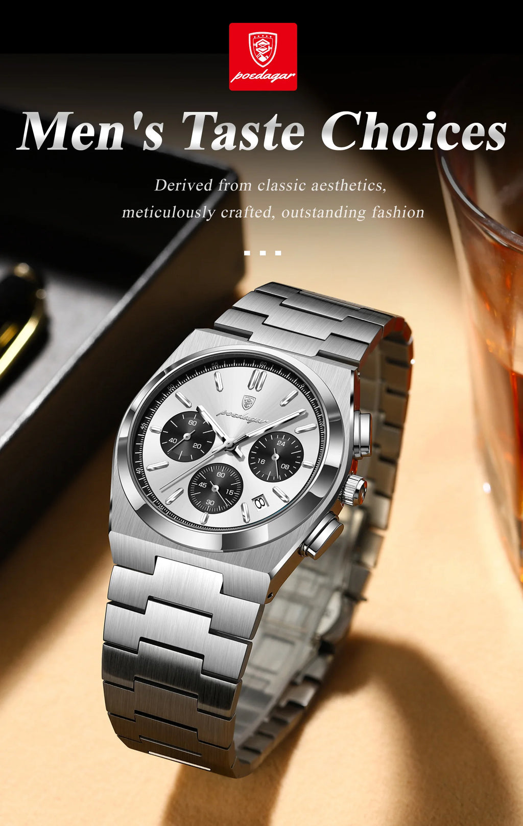 Chronograph Watch – Luminous Numberless Dial with Hidden Clasp