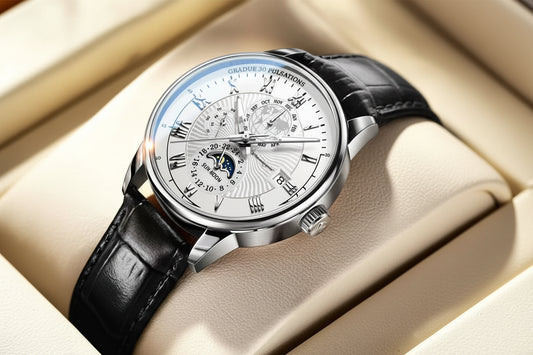 Roman Numeral Full Calendar Watch – Stainless Steel Bracelet with Stopwatch