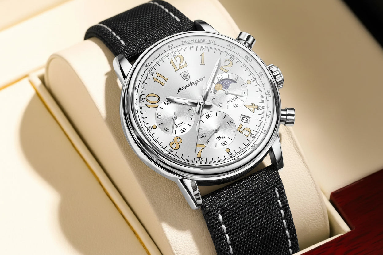 Classic Chronograph Watch – Luminous Arabic Dial with Nylon Strap