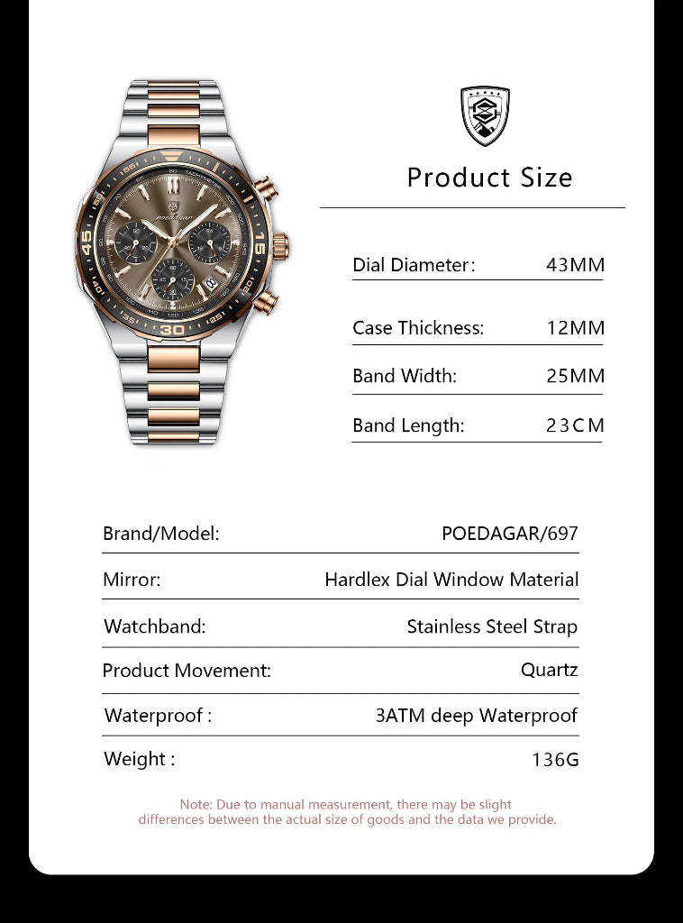 Business Chronograph Watch – Stainless Steel, Luminous Dial, Date Display