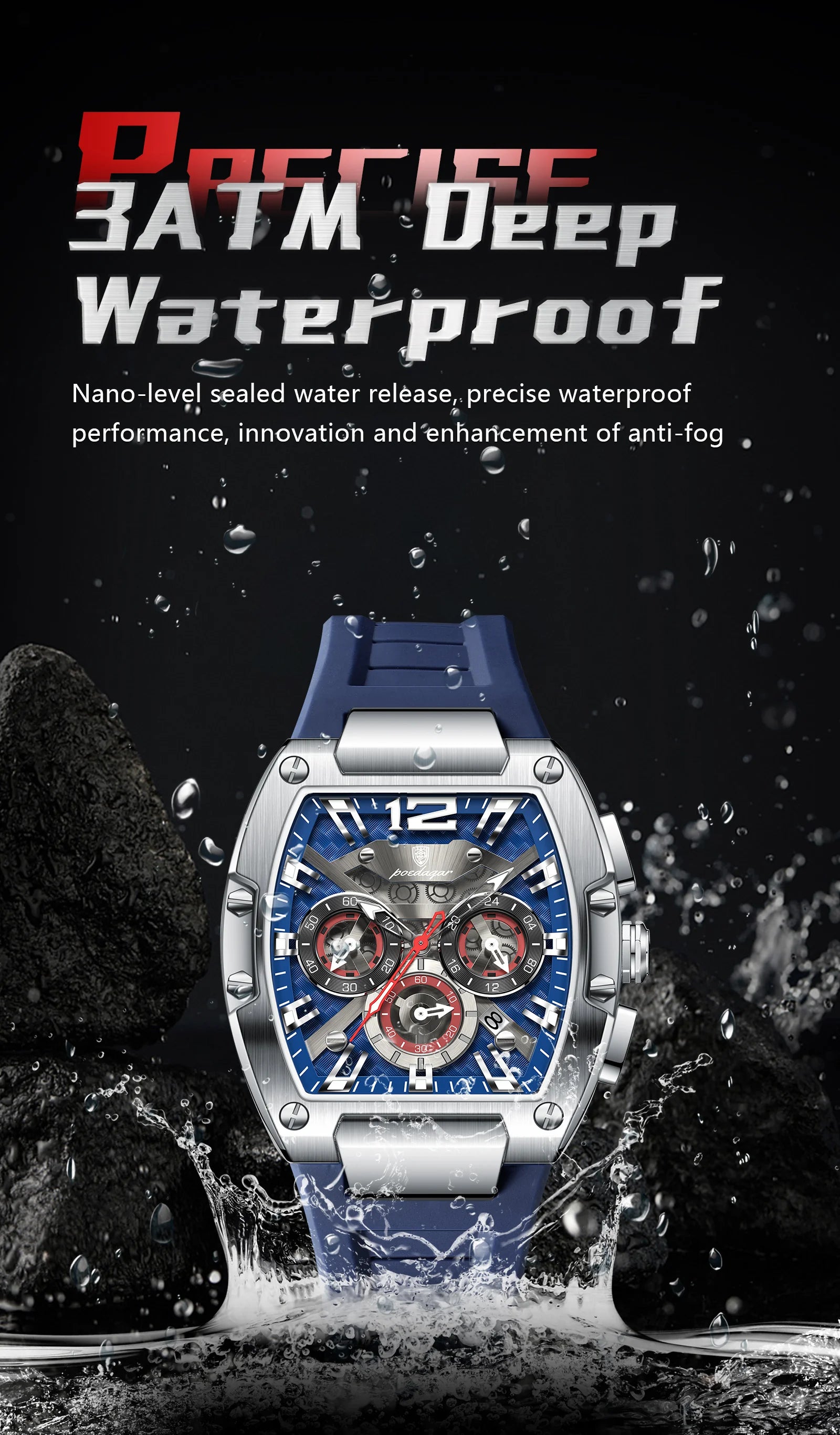 Bold Tonneau Timepiece – Luminous Chronograph with Premium Silicone Strap
