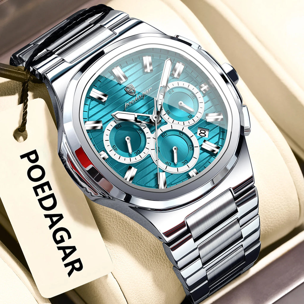 Square Chronograph Watch – Luxe Leather Strap with Luminous Dial & Date