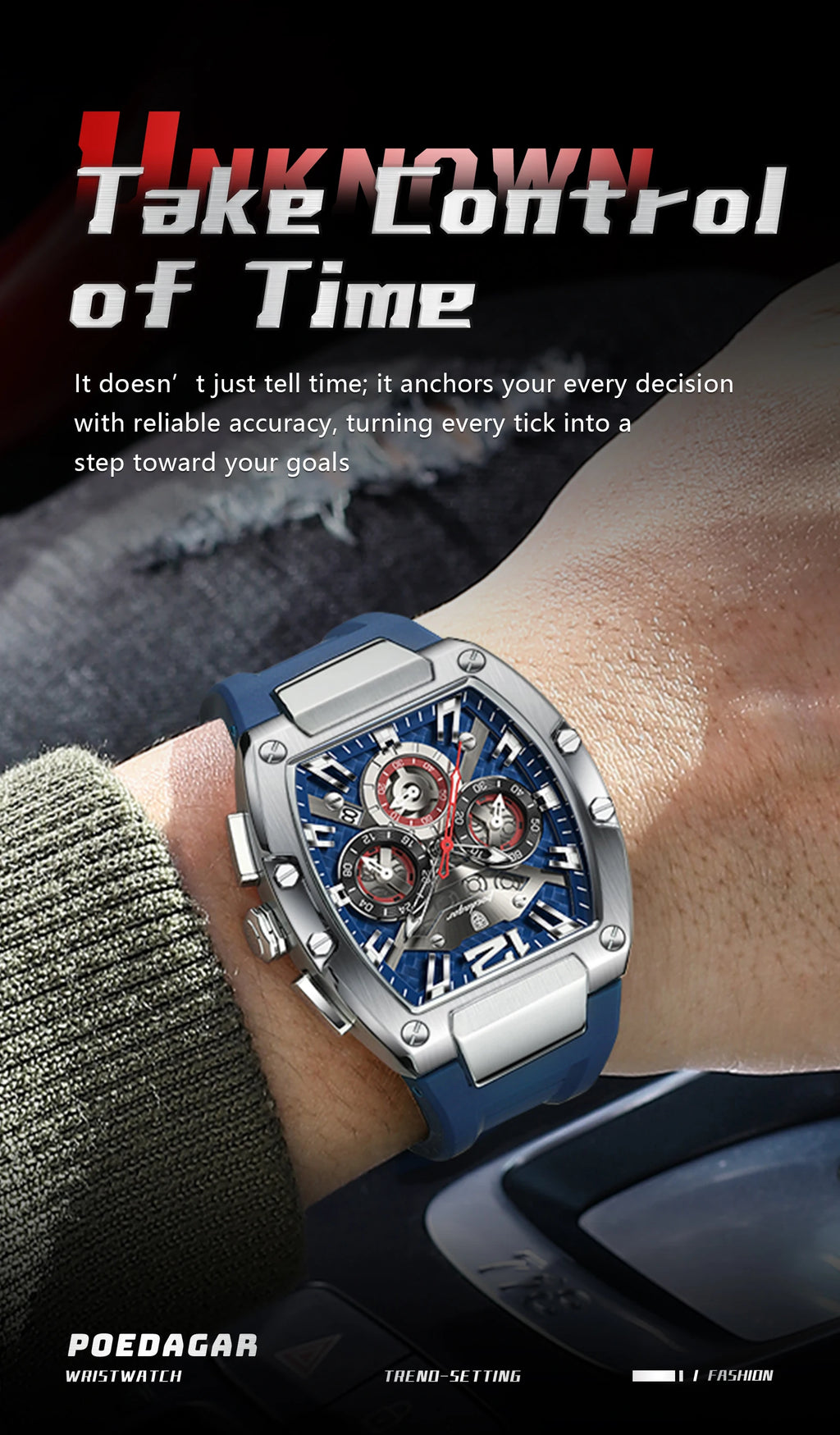 Tonneau Chronograph Watch – Luminous Arabic Dial with Silicone Strap