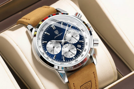 Chronograph Leather Watch – Luminous Numberless Dial with Date