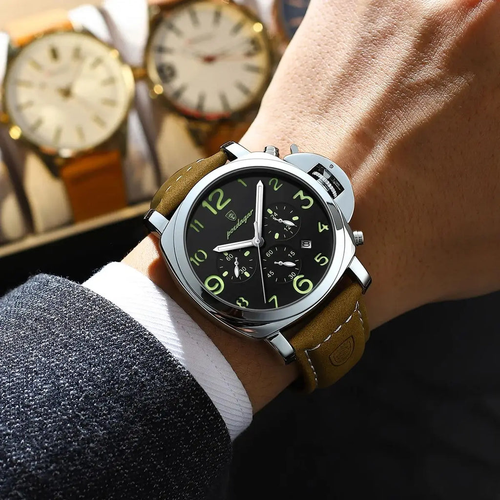 Military Style Chronograph Watch – Luminous Leather Strap with Date