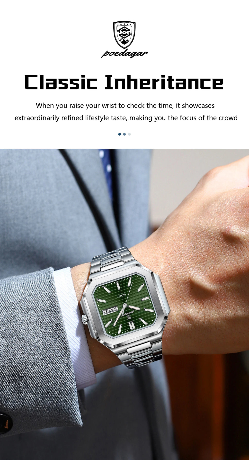 Square Stainless Steel Watch – Luminous Numberless Dial with Hidden Clasp