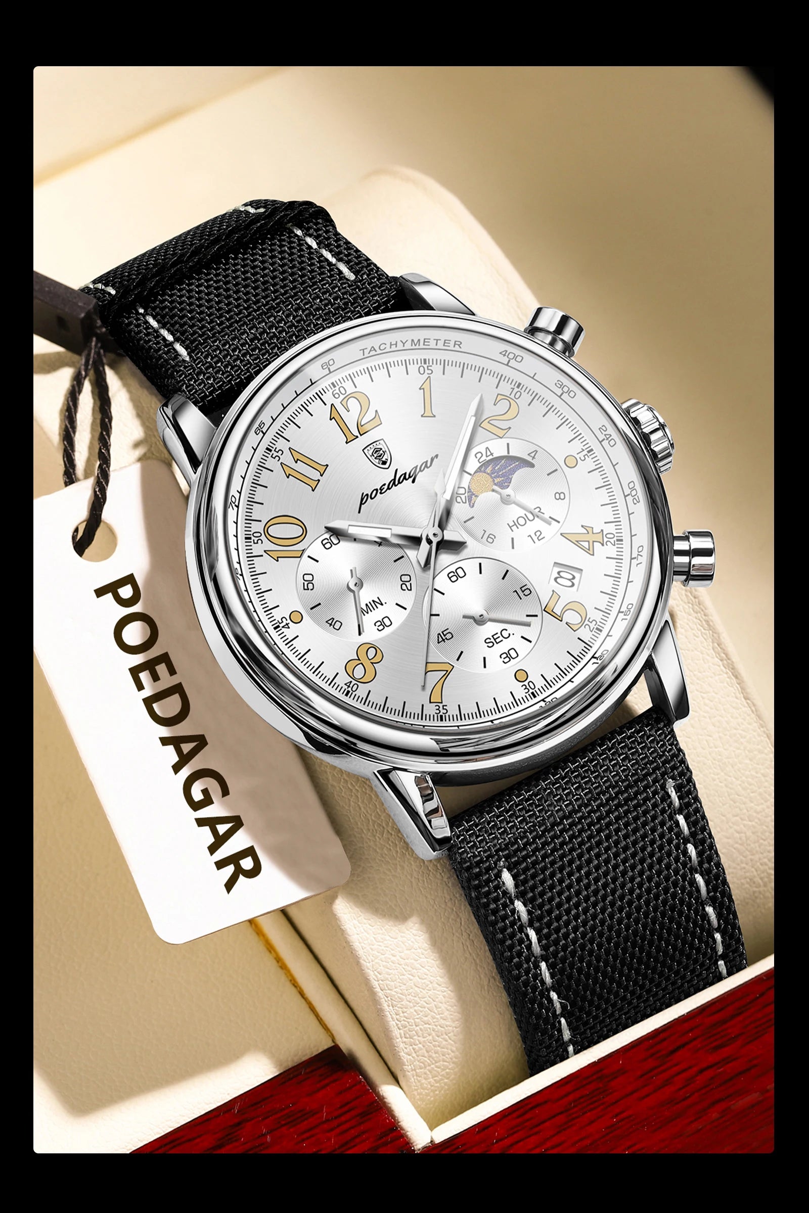 Classic Chronograph Watch – Luminous Arabic Dial with Nylon Strap