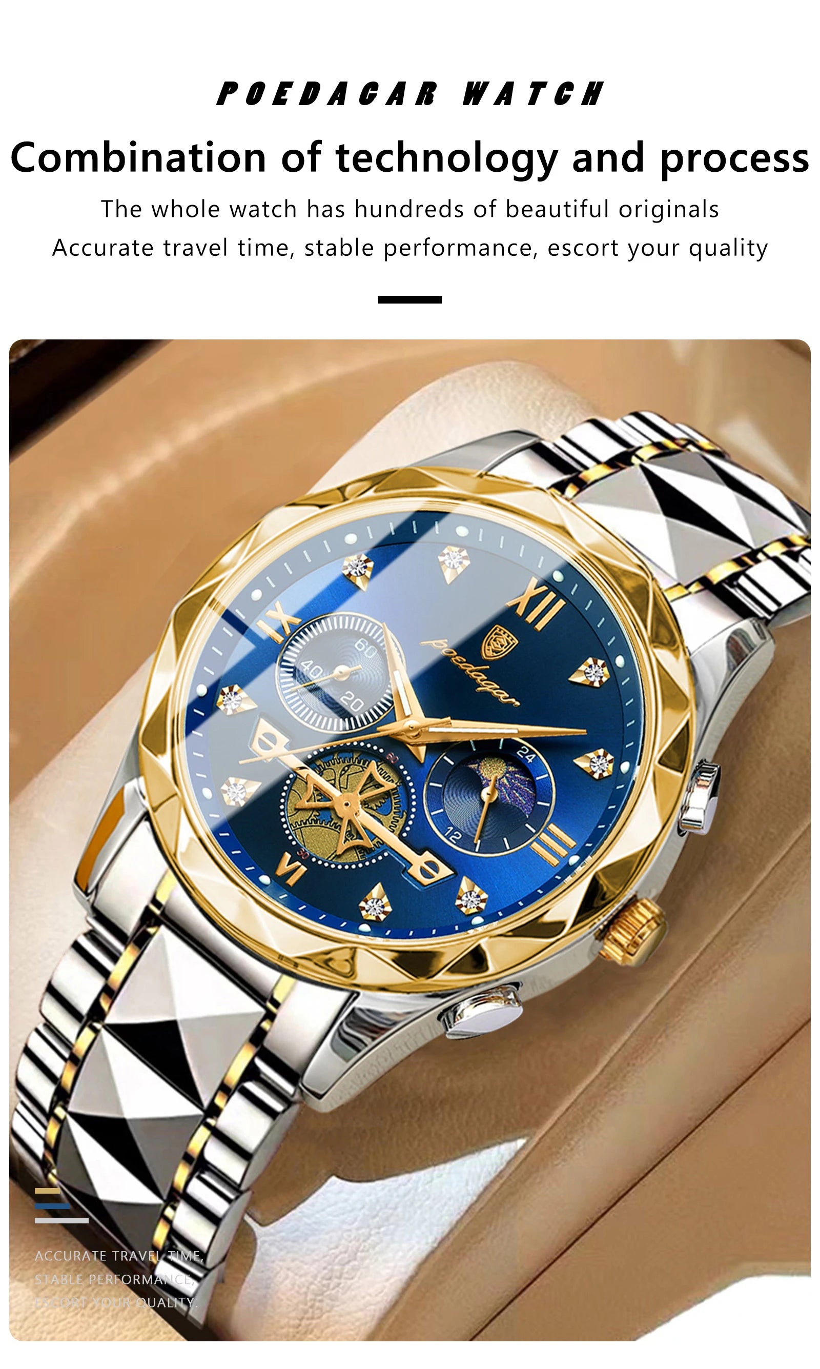 Round Chronograph Watch – Roman Numeral Dial with Hidden Clasp Bracelet