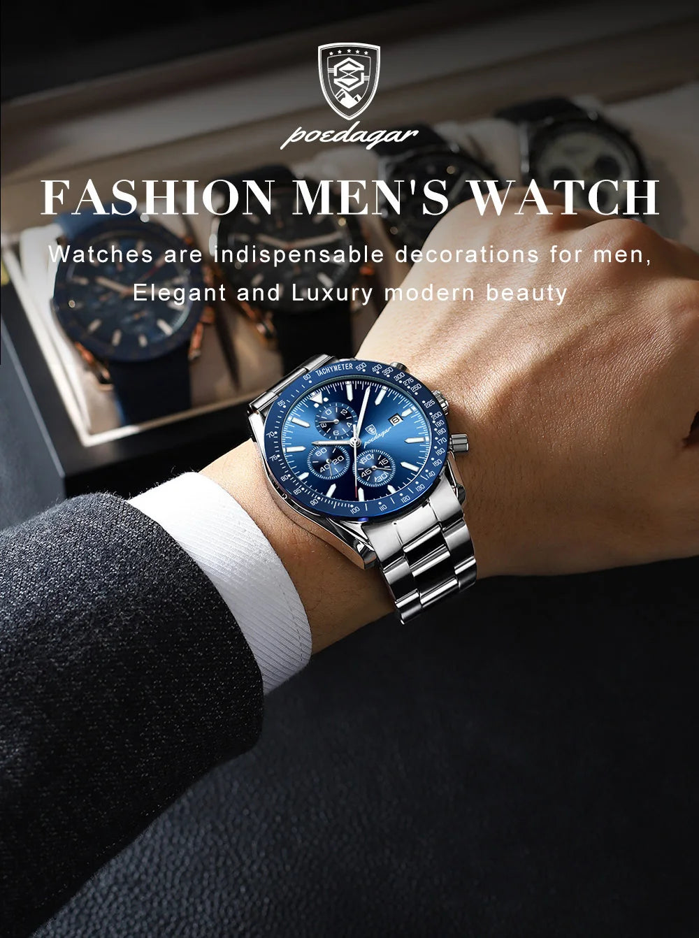 Dress Chronograph Watch – Luminous Dial with Safety Clasp Bracelet