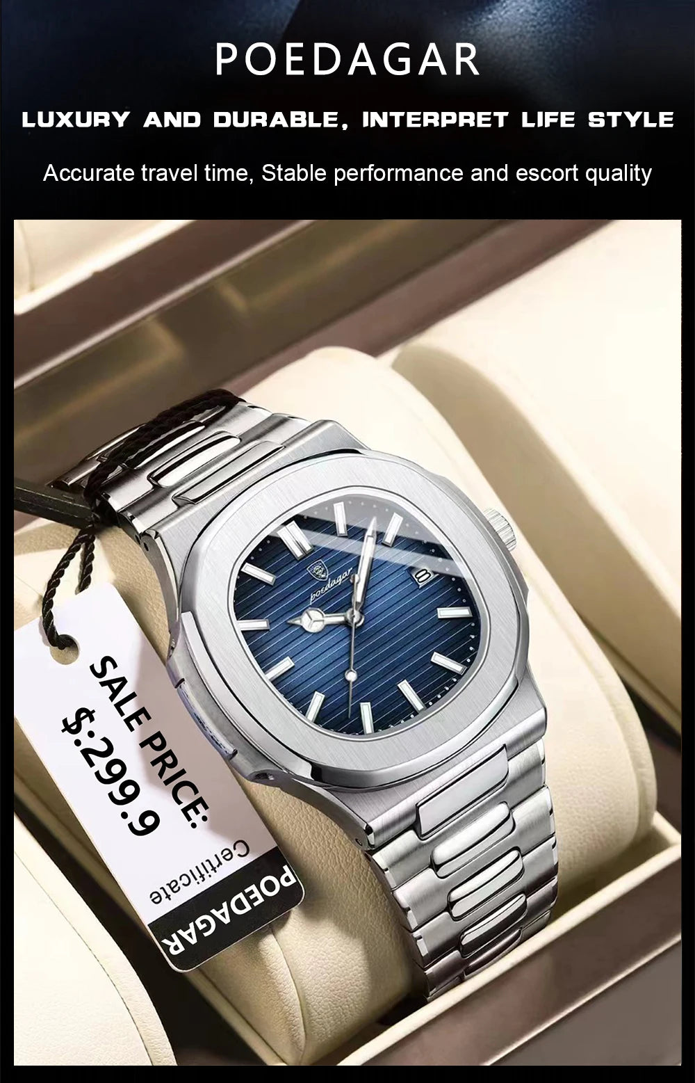 Square Business Watch – Luminous Numberless Dial with Hidden Clasp