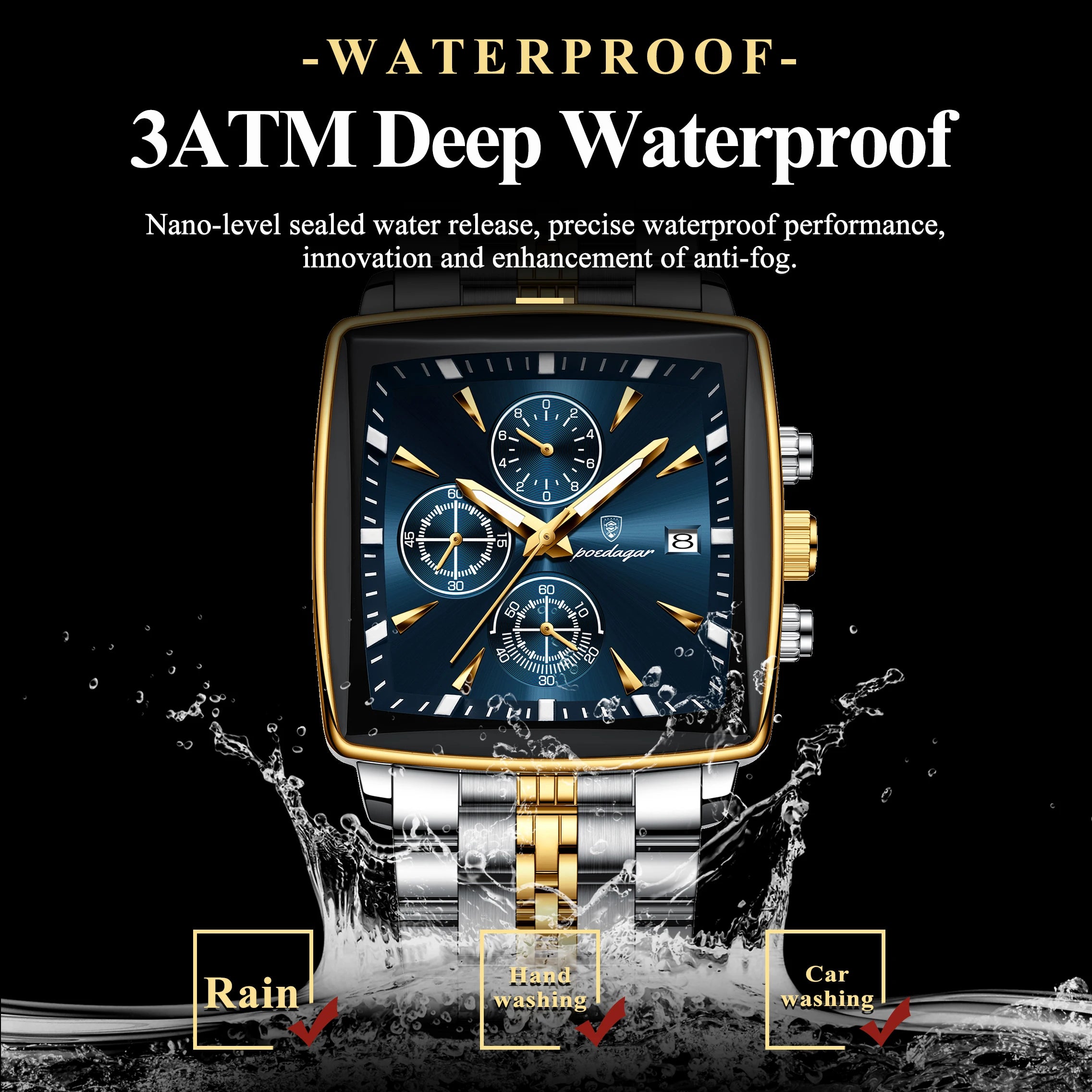 Square Chronograph Watch – Numberless Dial with Hidden Clasp Bracelet