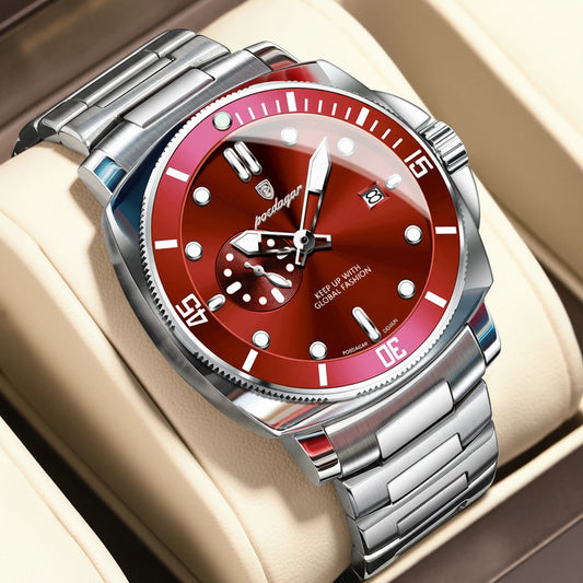 Business Date Watch – Luminous Numberless Dial with Hidden Clasp Bracelet