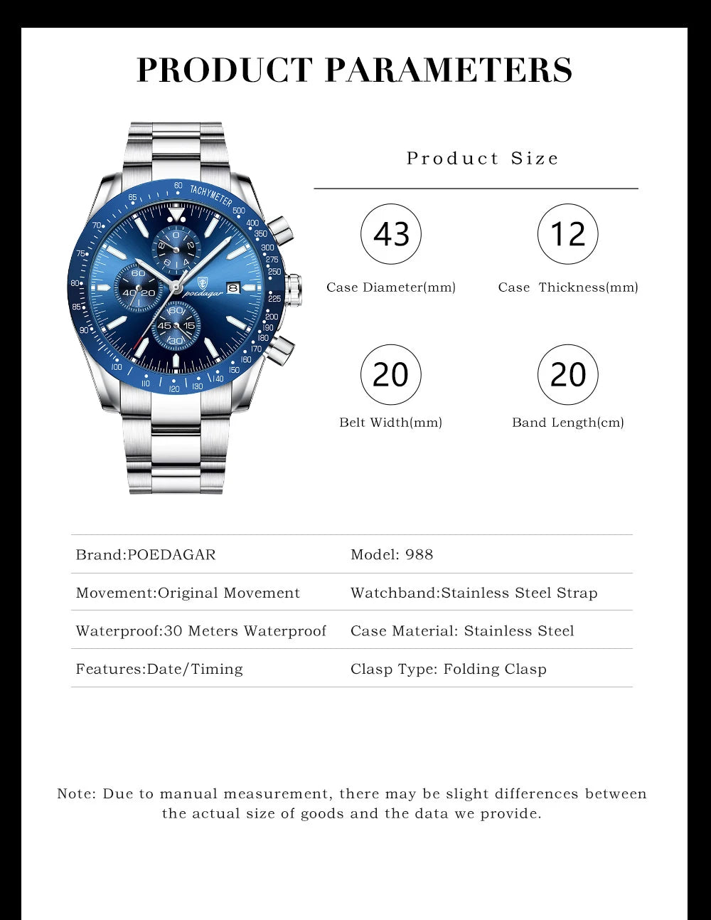 Dress Chronograph Watch – Luminous Dial with Safety Clasp Bracelet