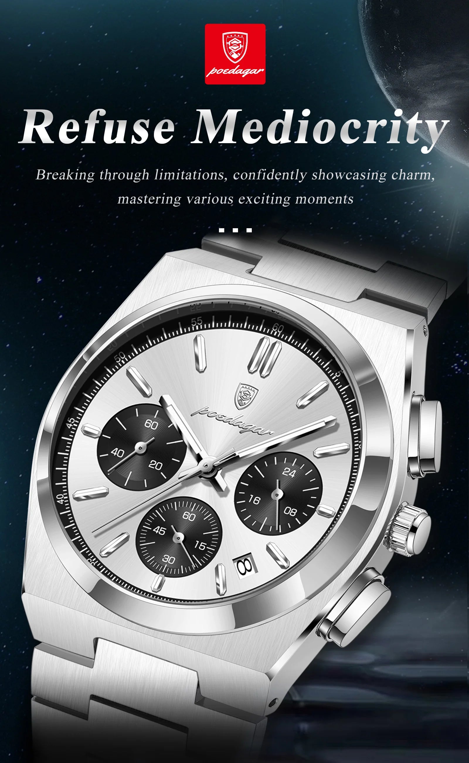 Chronograph Watch – Luminous Numberless Dial with Hidden Clasp