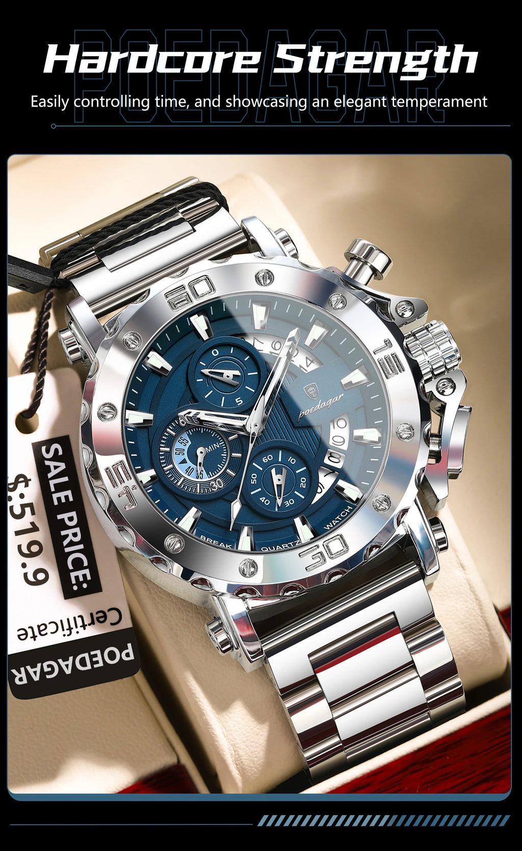 Large Chronograph Watch – Luminous Numberless Dial with Hidden Clasp