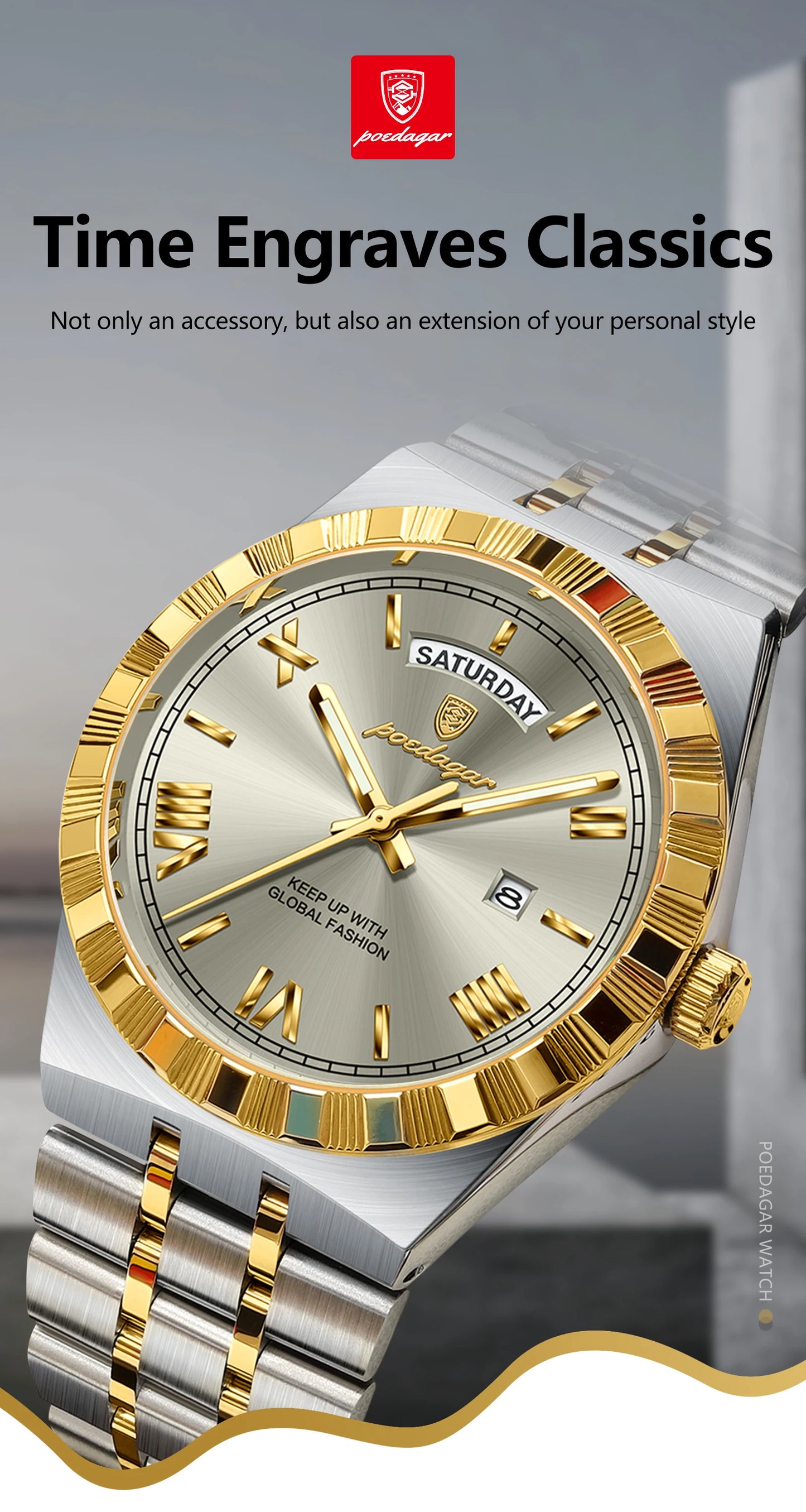 Luxury Business Chronograph – Day, Date, Luminous Dial, Steel Bracelet