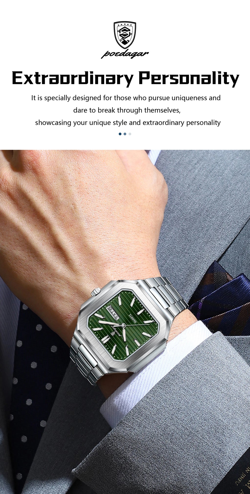 Square Stainless Steel Watch – Luminous Numberless Dial with Hidden Clasp